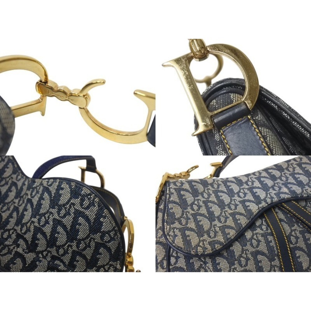 Dior Christian Double Canvas Saddle Trotter Blue Leather Bag Gold Navy - Picture 7 of 8